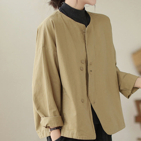 Buddha Stones Spring Plain Asymmetry Design Long Sleeve Women's Cotton Linen Jacket With Pockets