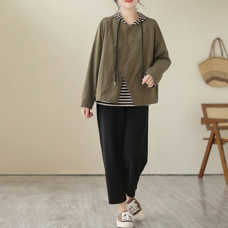 Buddha Stones Spring Plain Asymmetry Design Long Sleeve Women's Cotton Linen Jacket With Pockets