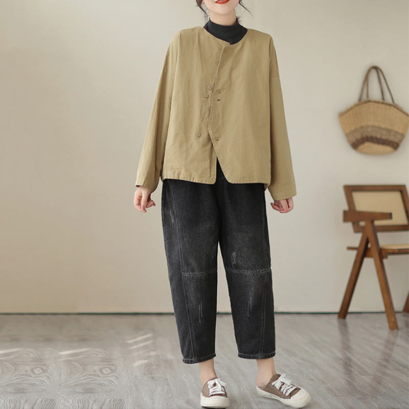 Buddha Stones Spring Plain Asymmetry Design Long Sleeve Women's Cotton Linen Jacket With Pockets