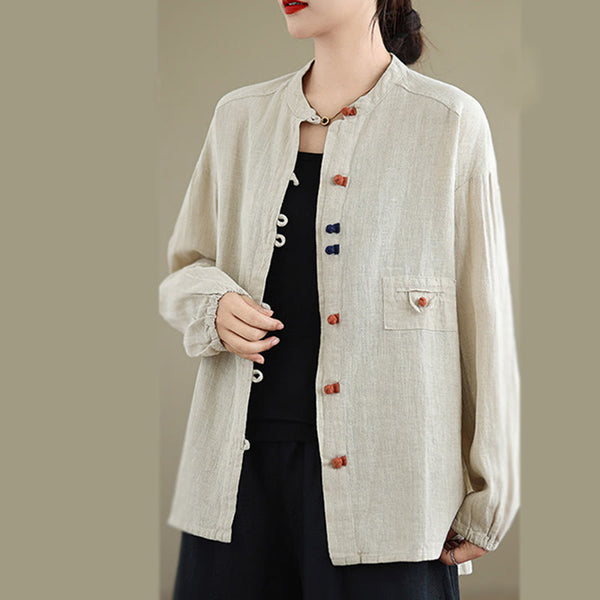 Buddha Stones Vintage Colorful Buttons Design Long Sleeve Women's Cotton Linen Shirt