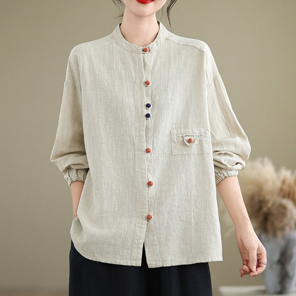 Buddha Stones Vintage Colorful Buttons Design Long Sleeve Women's Cotton Linen Shirt