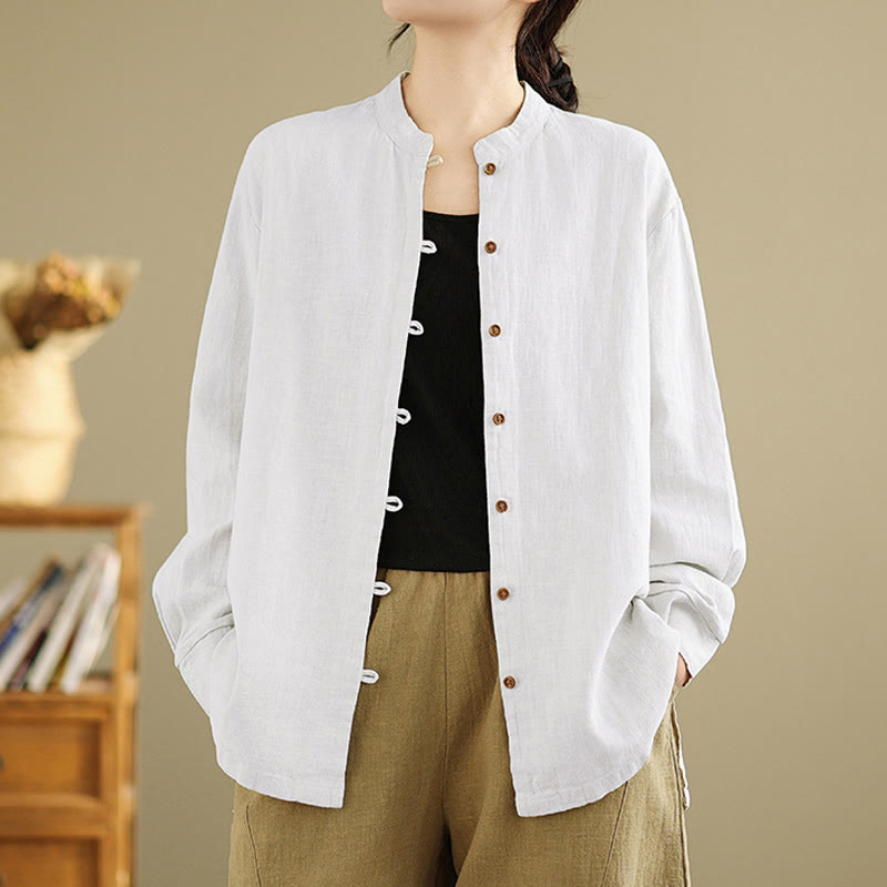 Buddha Stones Casual Solid Color Front Buttons Design Long Sleeve Women's Cotton Linen Shirt