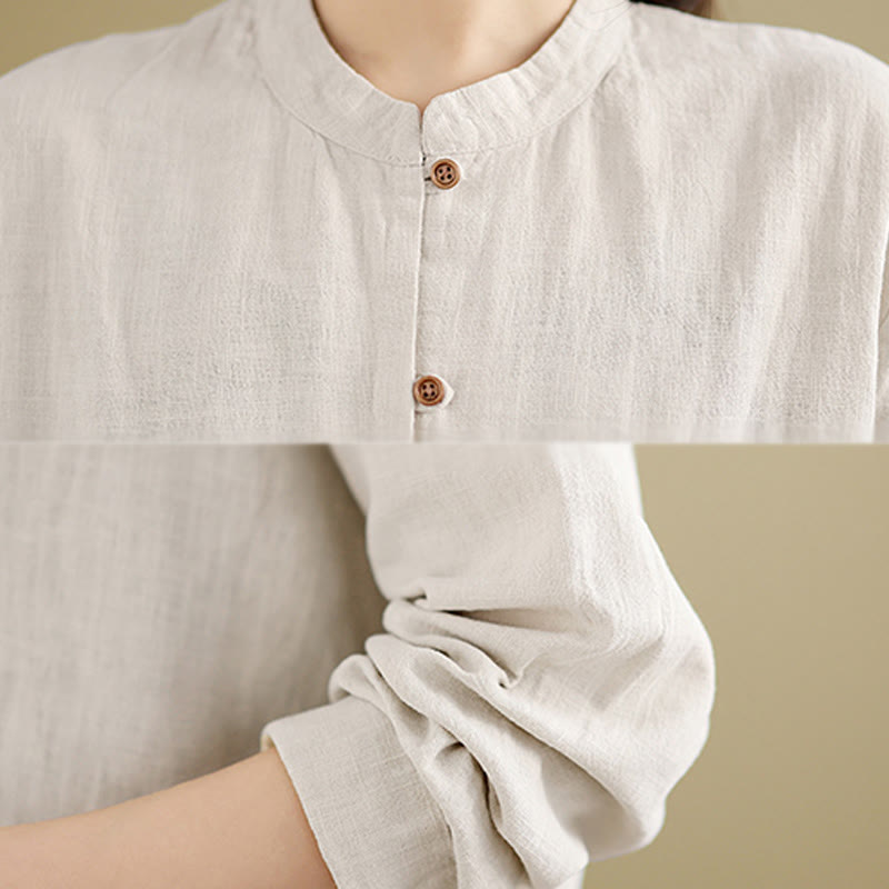 Buddha Stones Casual Solid Color Front Buttons Design Long Sleeve Women's Cotton Linen Shirt