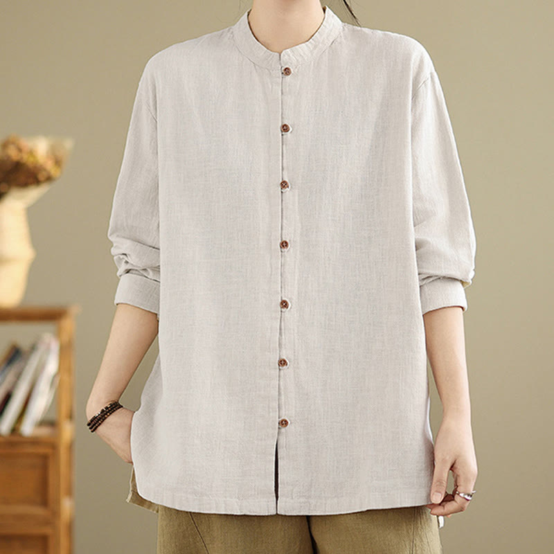 Buddha Stones Casual Solid Color Front Buttons Design Long Sleeve Women's Cotton Linen Shirt