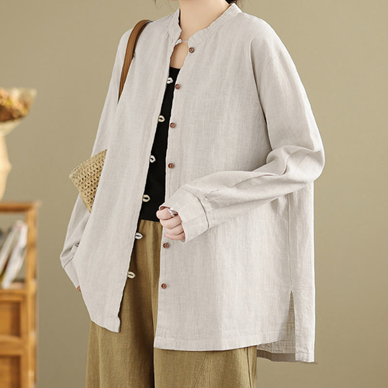 Buddha Stones Casual Solid Color Front Buttons Design Long Sleeve Women's Cotton Linen Shirt
