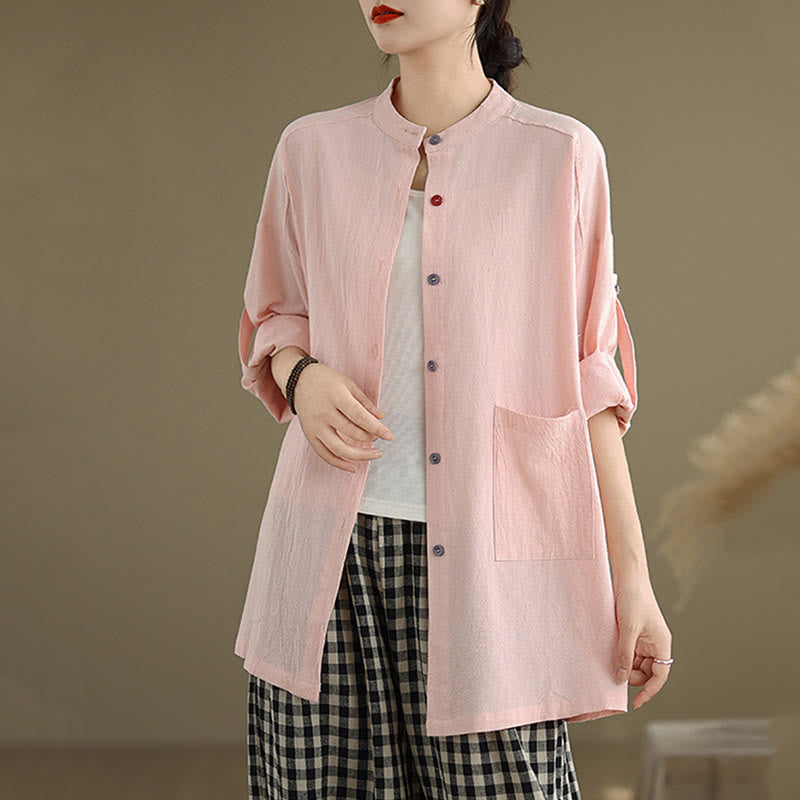 Buddha Stones Commute Casual Pure Color Long Sleeve Women's Cotton Linen Shirt With Pocket