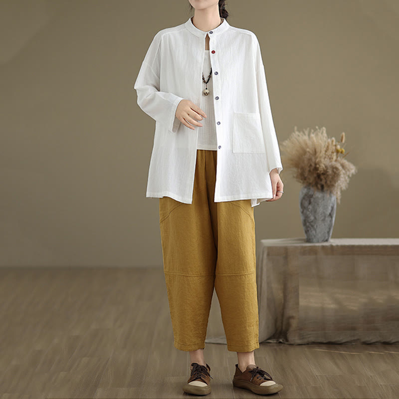 Buddha Stones Commute Casual Pure Color Long Sleeve Women's Cotton Linen Shirt With Pocket