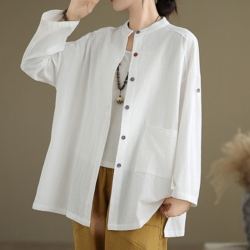 Buddha Stones Commute Casual Pure Color Long Sleeve Women's Cotton Linen Shirt With Pocket