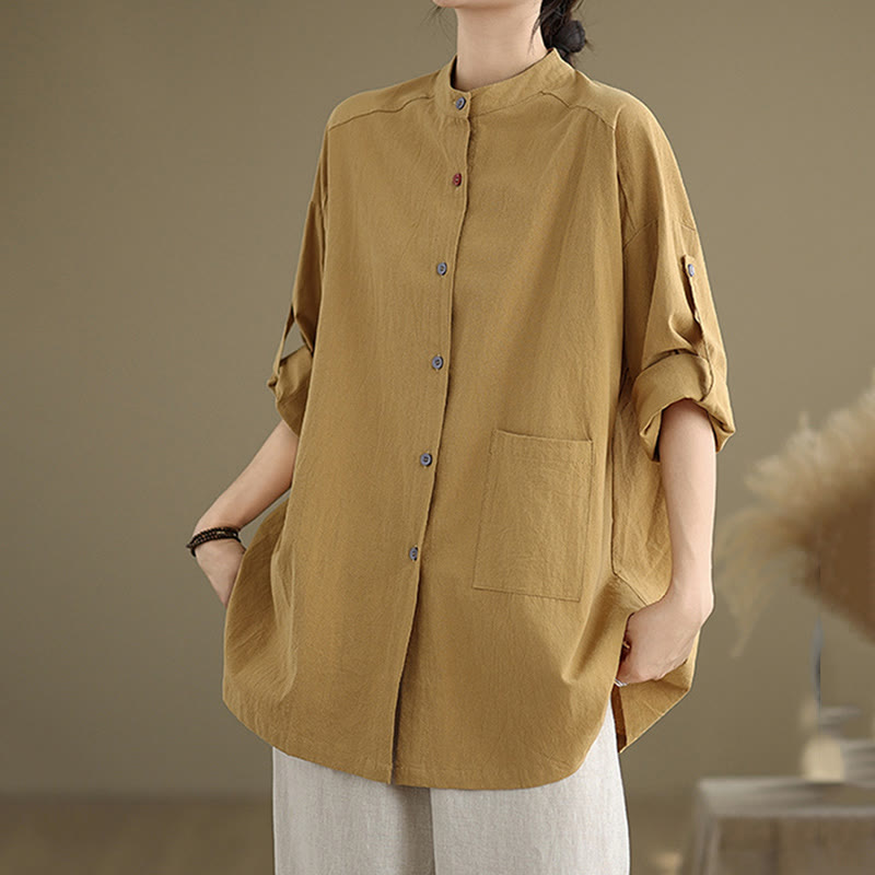 Buddha Stones Commute Casual Pure Color Long Sleeve Women's Cotton Linen Shirt With Pocket