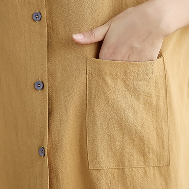 Buddha Stones Commute Casual Pure Color Long Sleeve Women's Cotton Linen Shirt With Pocket