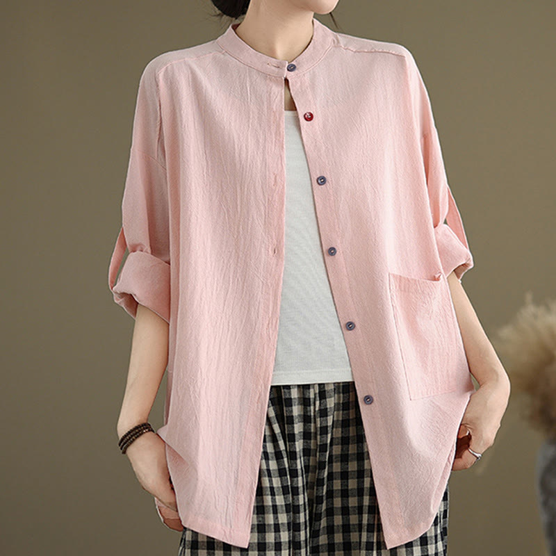 Buddha Stones Commute Casual Pure Color Long Sleeve Women's Cotton Linen Shirt With Pocket