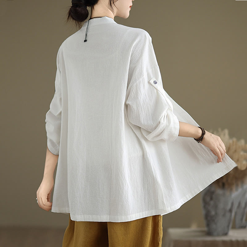 Buddha Stones Commute Casual Pure Color Long Sleeve Women's Cotton Linen Shirt With Pocket