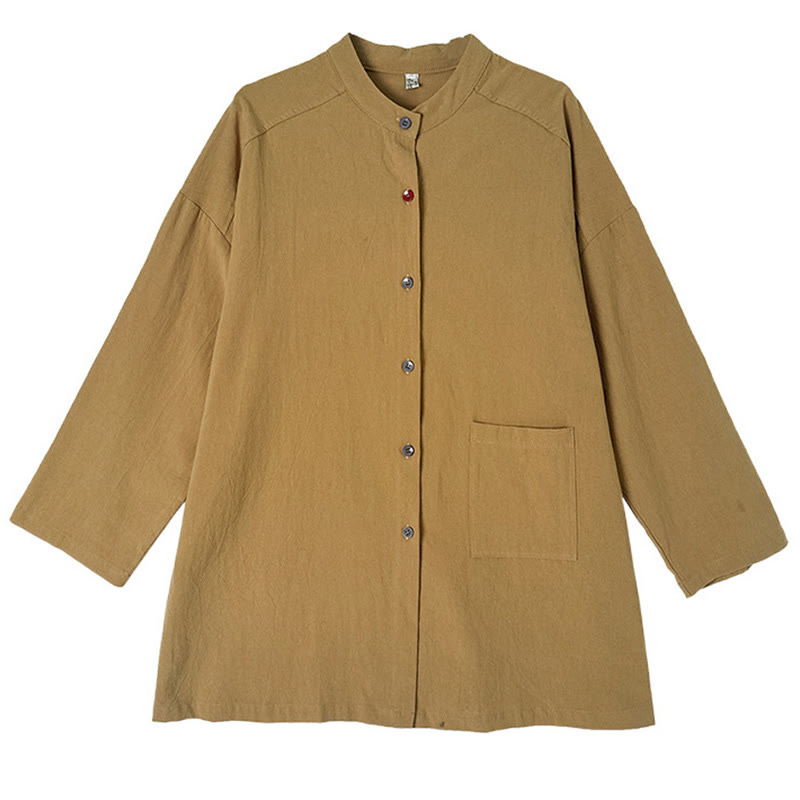 Buddha Stones Commute Casual Pure Color Long Sleeve Women's Cotton Linen Shirt With Pocket