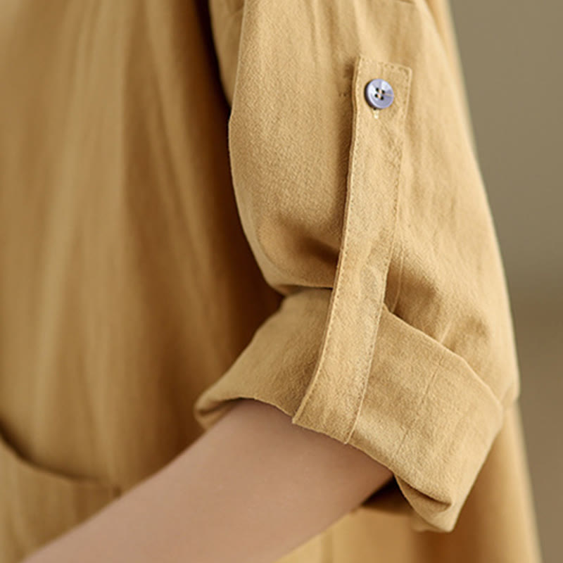 Buddha Stones Commute Casual Pure Color Long Sleeve Women's Cotton Linen Shirt With Pocket