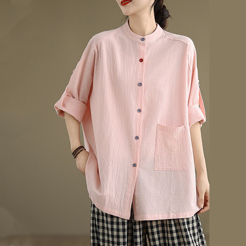 Buddha Stones Commute Casual Pure Color Long Sleeve Women's Cotton Linen Shirt With Pocket