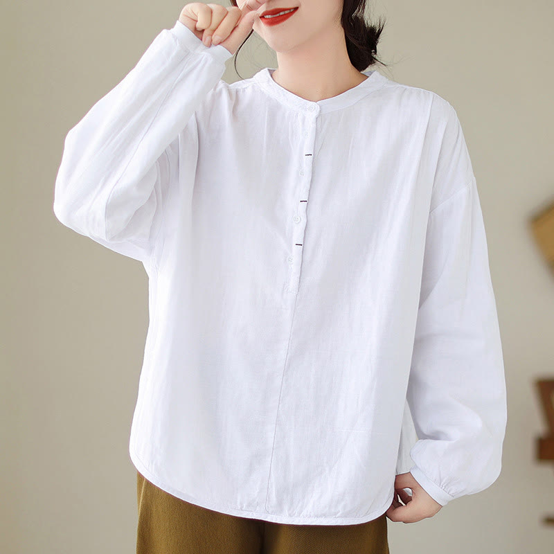 Buddha Stones Commute Spring Plain Half Buttons Simple Design Women's Cotton Linen Shirt