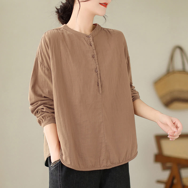 Buddha Stones Commute Spring Plain Half Buttons Simple Design Women's Cotton Linen Shirt
