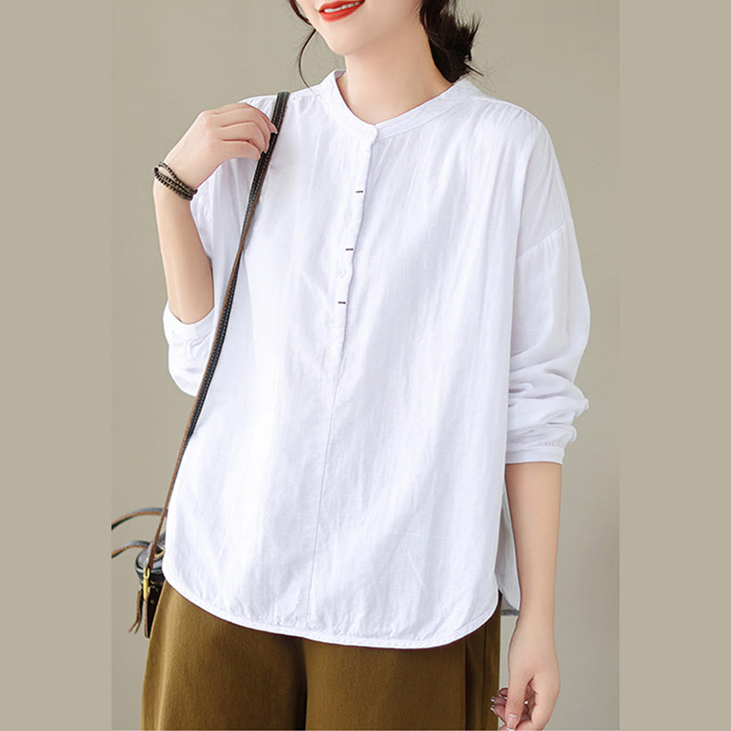 Buddha Stones Commute Spring Plain Half Buttons Simple Design Women's Cotton Linen Shirt