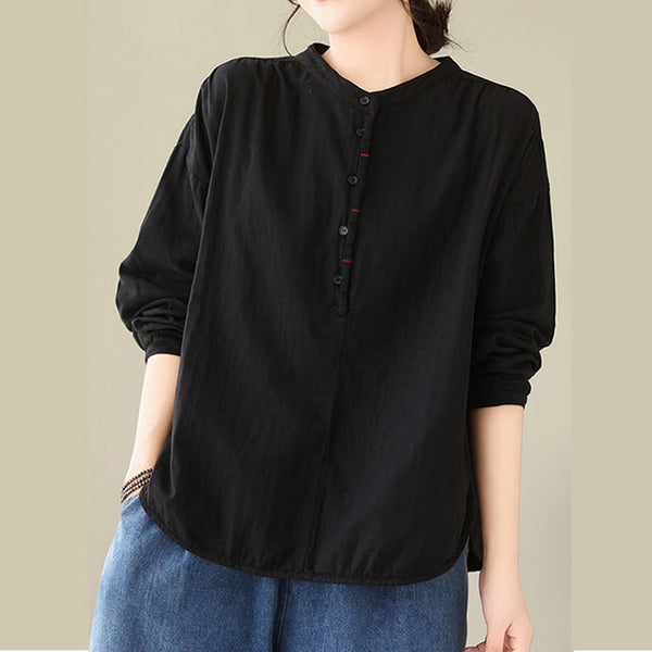 Buddha Stones Commute Spring Plain Half Buttons Simple Design Women's Cotton Linen Shirt