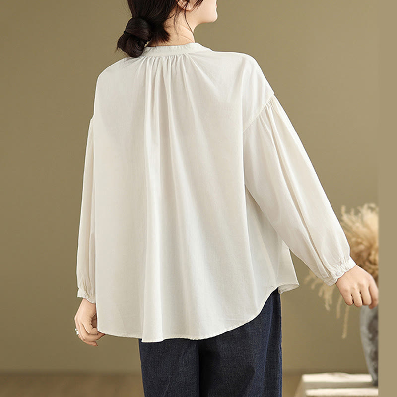 Buddha Stones Commute Plain Half Buttons Accordion Pleats Design Women's Cotton Linen Shirt