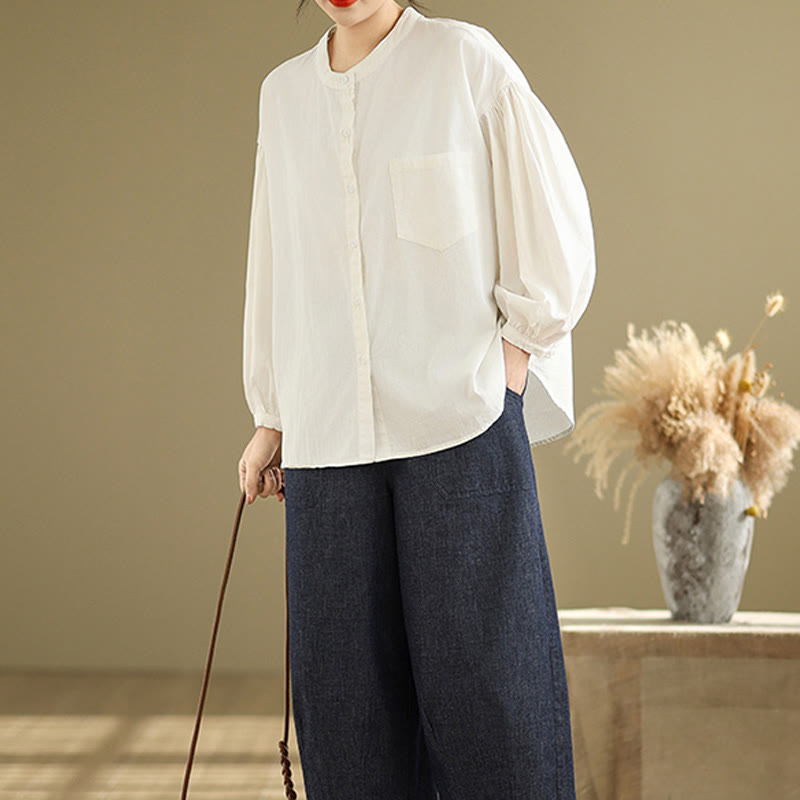 Buddha Stones Commute Plain Half Buttons Accordion Pleats Design Women's Cotton Linen Shirt