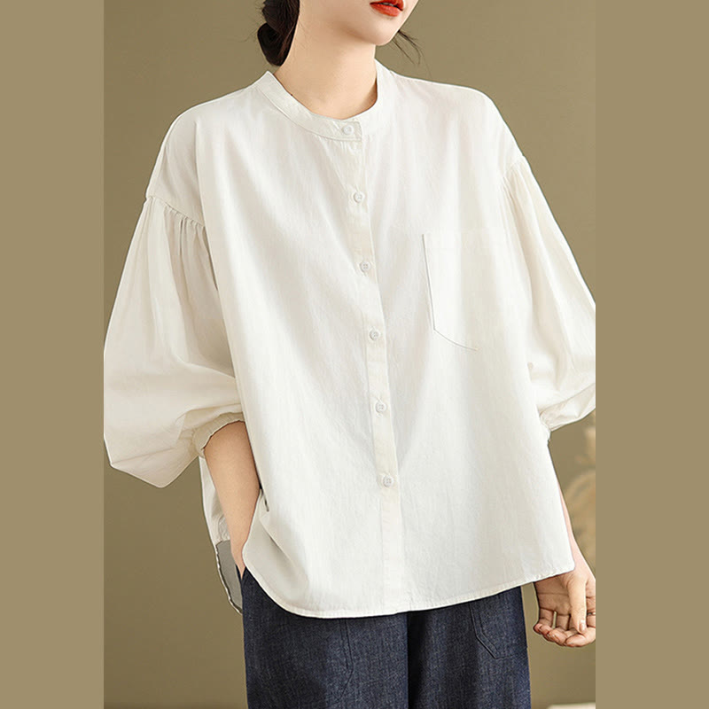 Buddha Stones Commute Plain Half Buttons Accordion Pleats Design Women's Cotton Linen Shirt