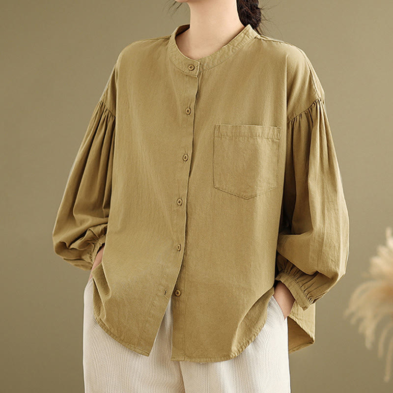 Buddha Stones Commute Plain Half Buttons Accordion Pleats Design Women's Cotton Linen Shirt