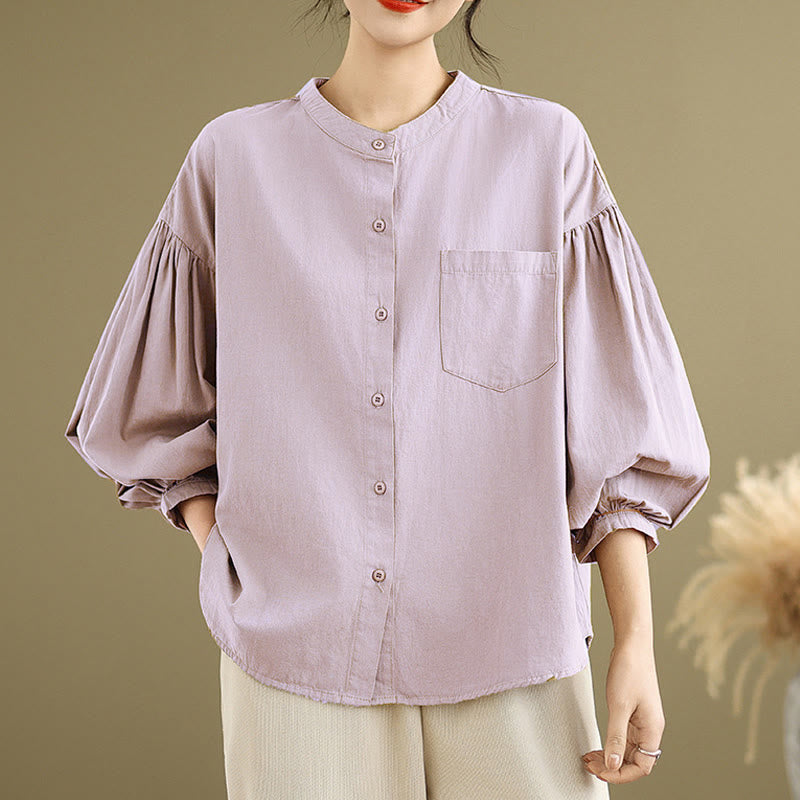 Buddha Stones Commute Plain Half Buttons Accordion Pleats Design Women's Cotton Linen Shirt