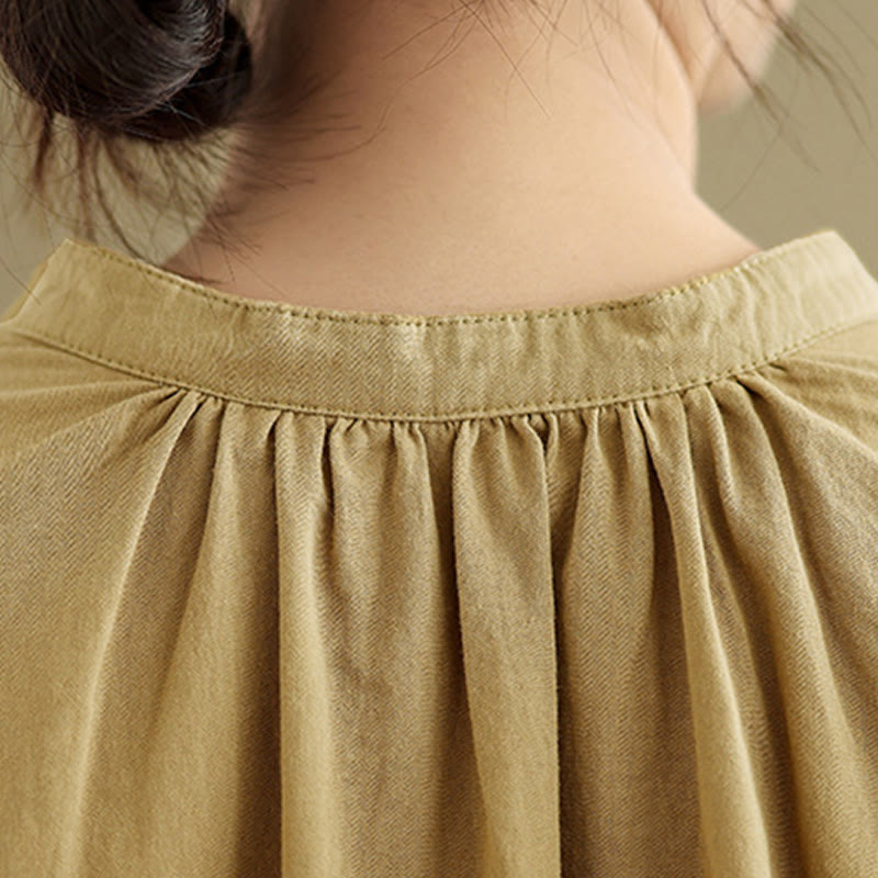 Buddha Stones Commute Plain Half Buttons Accordion Pleats Design Women's Cotton Linen Shirt