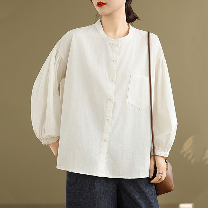 Buddha Stones Commute Plain Half Buttons Accordion Pleats Design Women's Cotton Linen Shirt