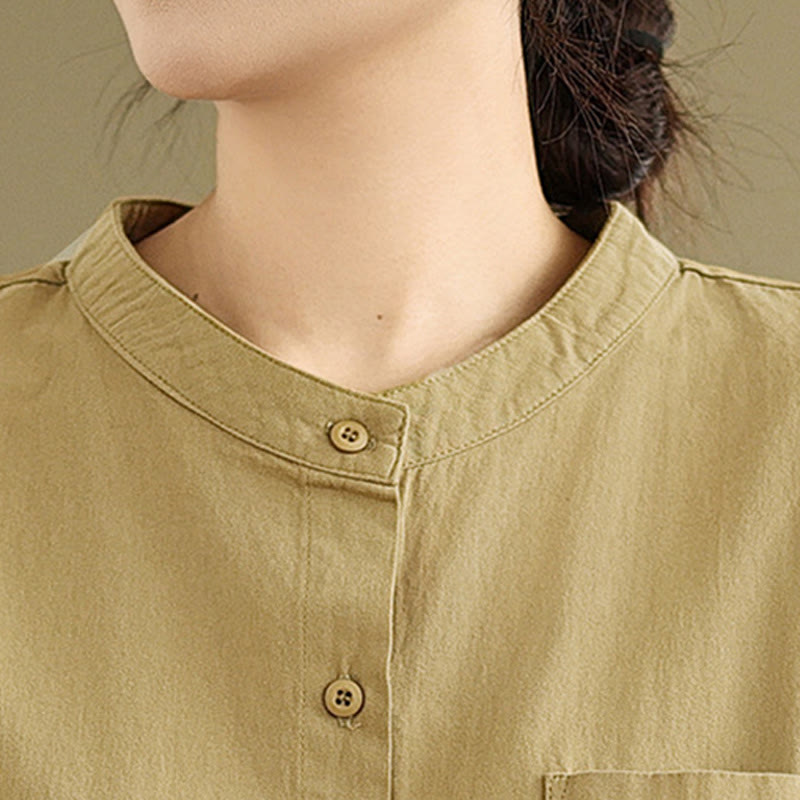 Buddha Stones Commute Plain Half Buttons Accordion Pleats Design Women's Cotton Linen Shirt