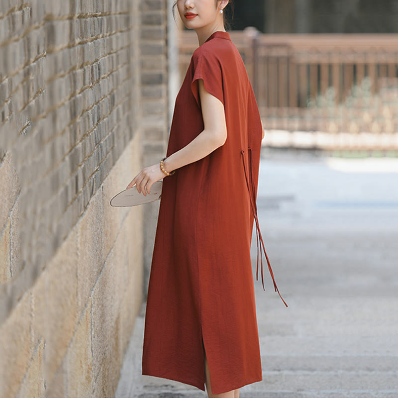 Buddha Stones Casual Plain Cheongsam Lace-Up Design Cotton Linen Short Sleeve Midi Dress