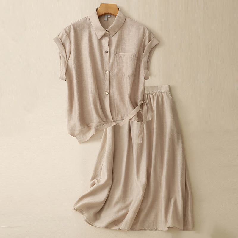 Buddha Stones 2Pcs Shirt Top 7-8 Length Skirt With Pockets Cotton Linen Clothing Women's Set