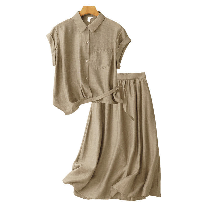 Buddha Stones 2Pcs Shirt Top 7-8 Length Skirt With Pockets Cotton Linen Clothing Women's Set