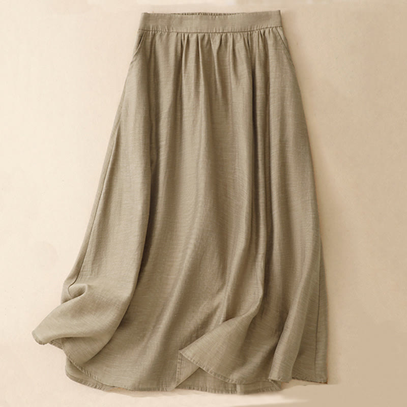 Buddha Stones 2Pcs Shirt Top 7-8 Length Skirt With Pockets Cotton Linen Clothing Women's Set