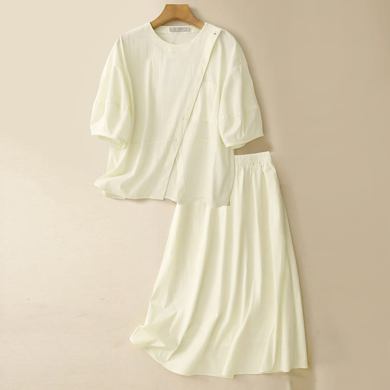 Buddha Stones 2pcs Irregular Button Design Shirt Skirt With Pockets Cotton Clothing Women's Set