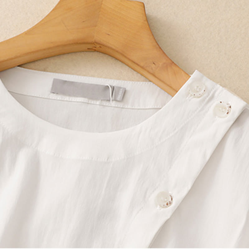 Buddha Stones 2pcs Irregular Button Design Shirt Skirt With Pockets Cotton Clothing Women's Set