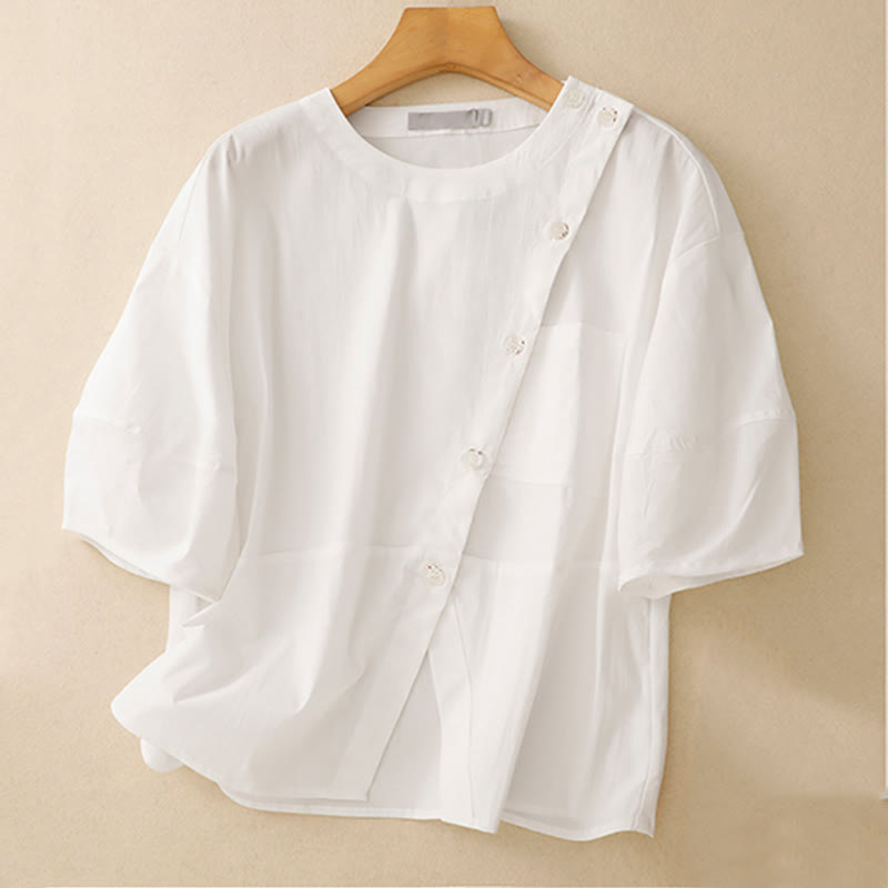 Buddha Stones 2pcs Irregular Button Design Shirt Skirt With Pockets Cotton Clothing Women's Set