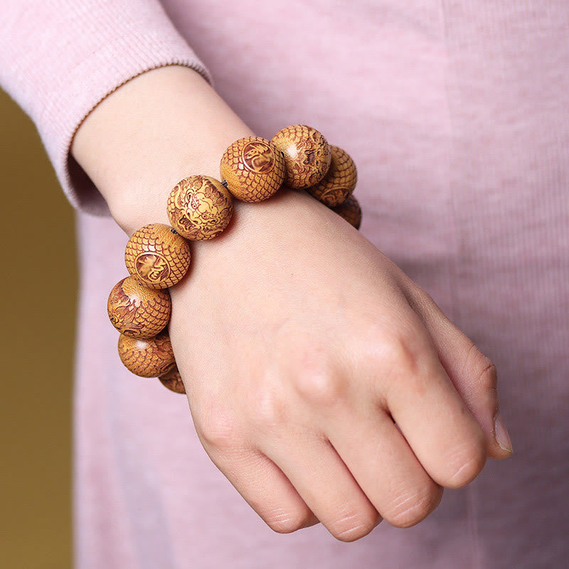 Buddha Stones Carving Sandalwood Dragon Keep Away Evil Spirits Bracelet
