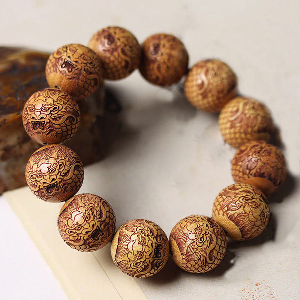 Buddha Stones Carving Sandalwood Dragon Keep Away Evil Spirits Bracelet