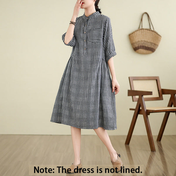 Buddha Stones Casual Plaid Pattern Half Sleeve Cotton Linen Midi Dress With Pockets