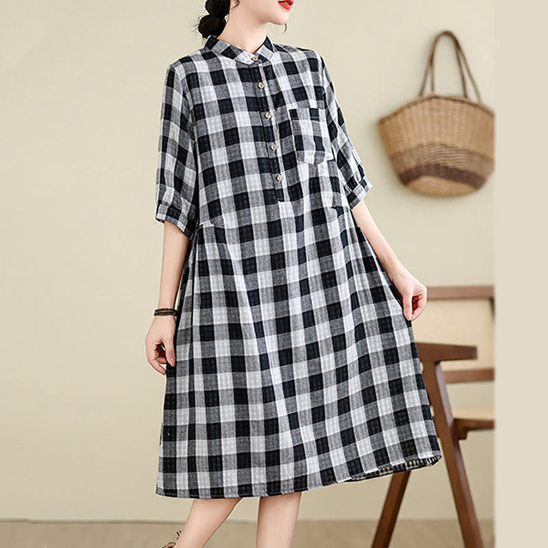Buddha Stones Casual Plaid Pattern Half Sleeve Cotton Linen Midi Dress With Pockets