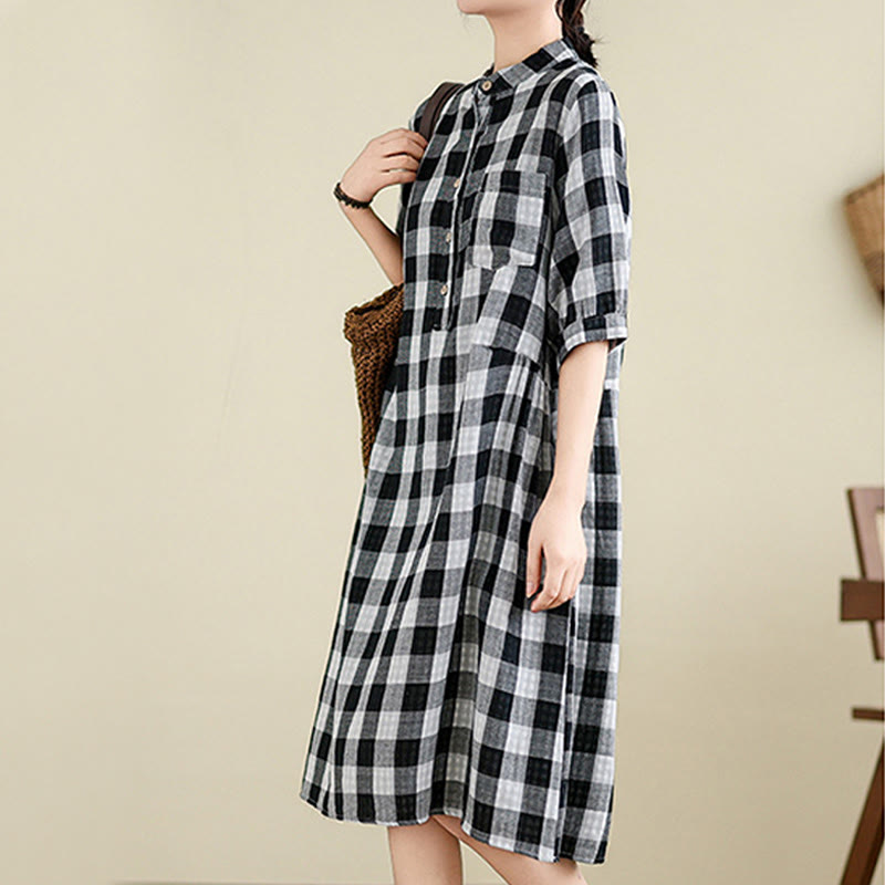Buddha Stones Casual Plaid Pattern Half Sleeve Cotton Linen Midi Dress With Pockets