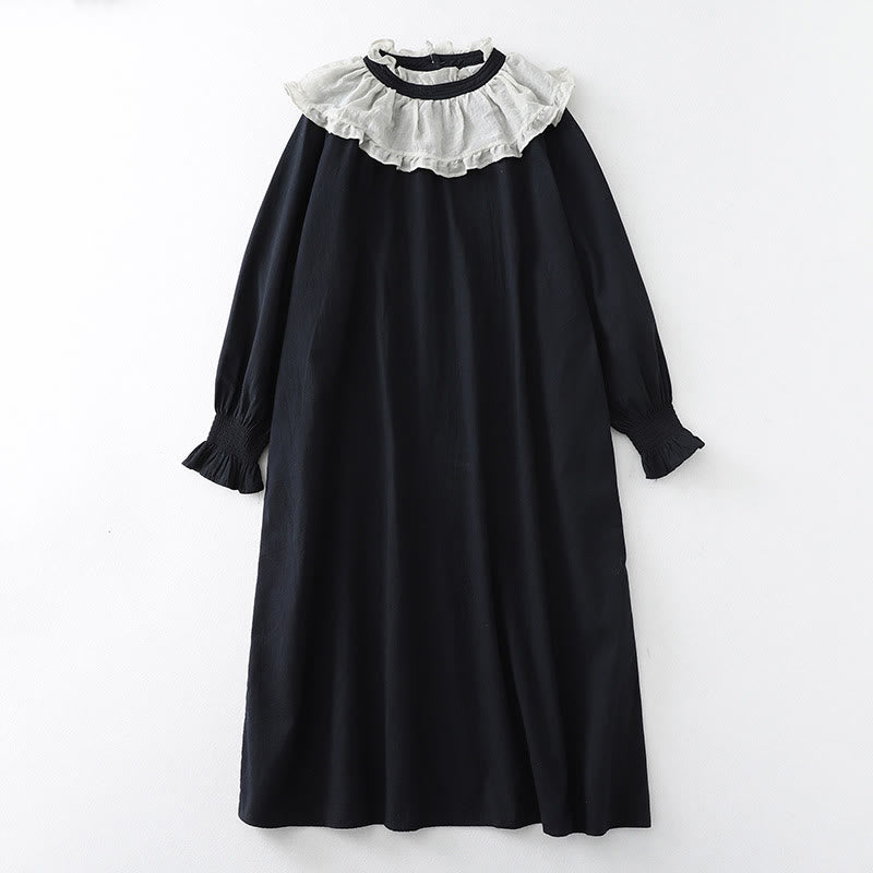 Buddha Stones Casual Ruffled Lace Patchwork Design Puff Sleeve Cotton Midi Dress With Pockets
