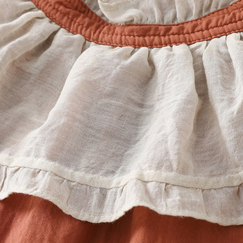 Buddha Stones Casual Ruffled Lace Patchwork Design Puff Sleeve Cotton Midi Dress With Pockets