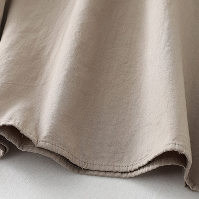 Buddha Stones Casual Ruffled Lace Patchwork Design Puff Sleeve Cotton Midi Dress With Pockets