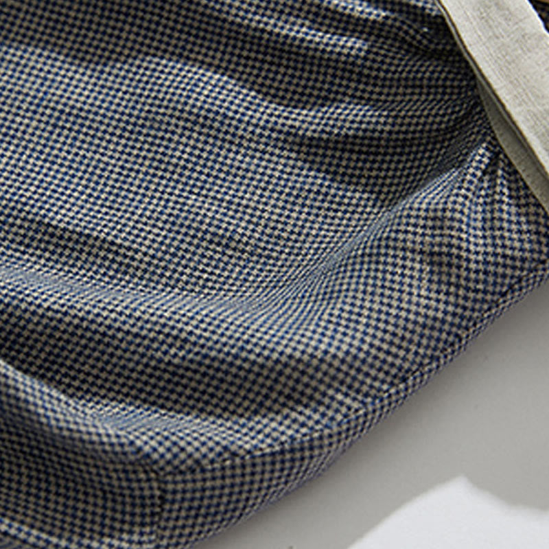 Buddha Stones Commute Retro DimGray Plaid Lantern Sleeve Cotton Linen Midi Dress With Pockets