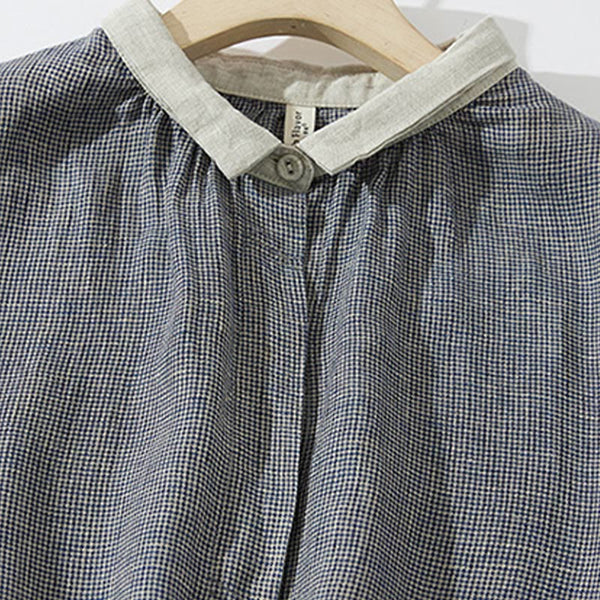 Buddha Stones Commute Retro DimGray Plaid Lantern Sleeve Cotton Linen Midi Dress With Pockets