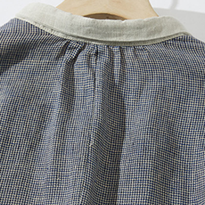 Buddha Stones Commute Retro DimGray Plaid Lantern Sleeve Cotton Linen Midi Dress With Pockets