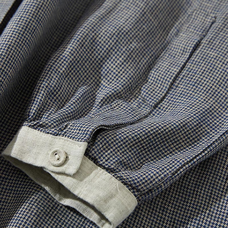 Buddha Stones Commute Retro DimGray Plaid Lantern Sleeve Cotton Linen Midi Dress With Pockets